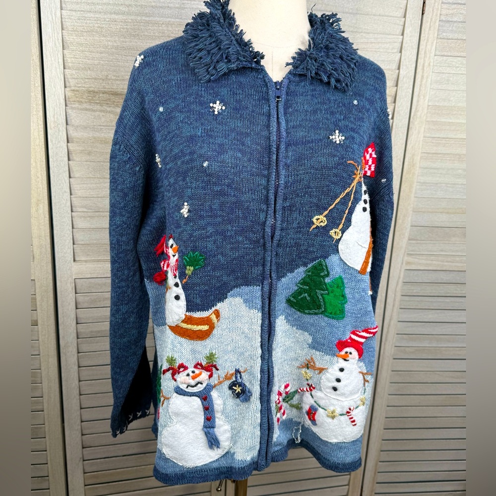 HEIRLOOM COLLECTIBLES Vintage Y2K Full Zip Holiday Snowman Cardigan Blue-1X